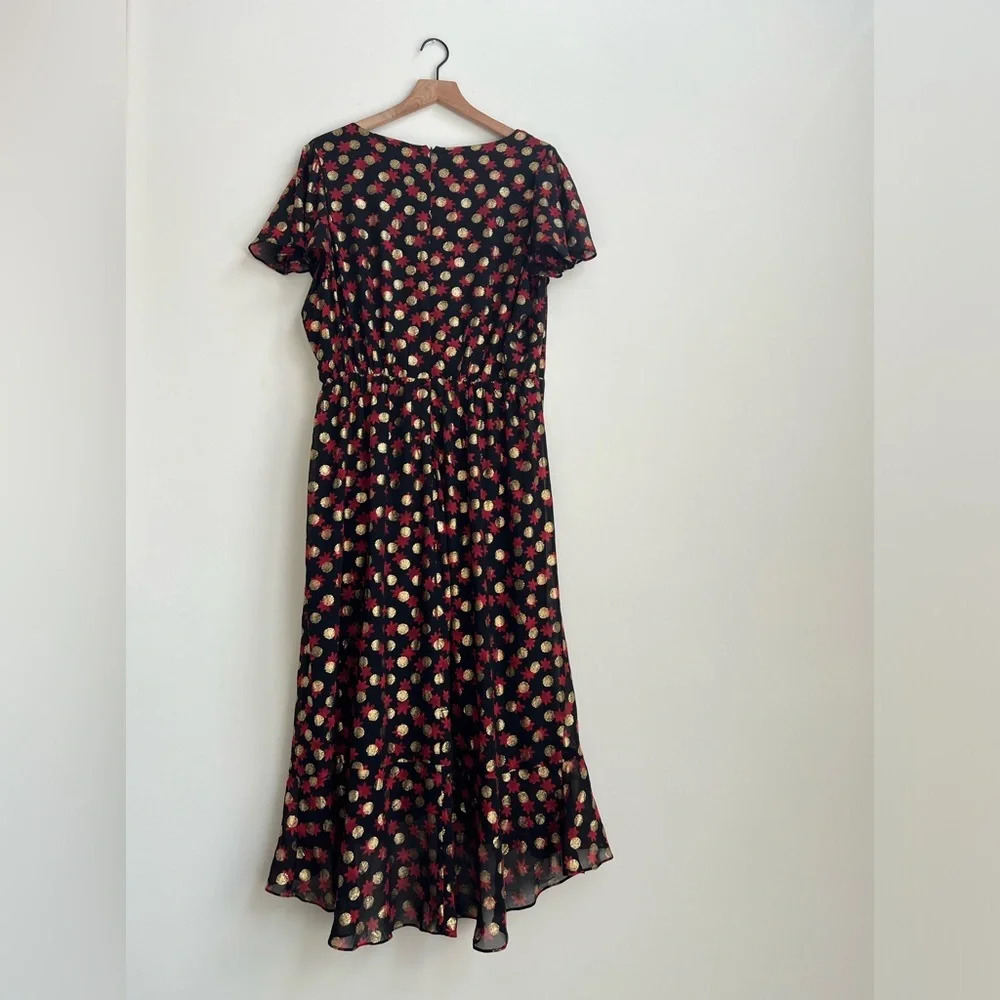 Lane Bryant 18 Surplice Frilly Ruffled Fitted Midi Dress Haley Floral Gold Dot - Picture 9 of 14